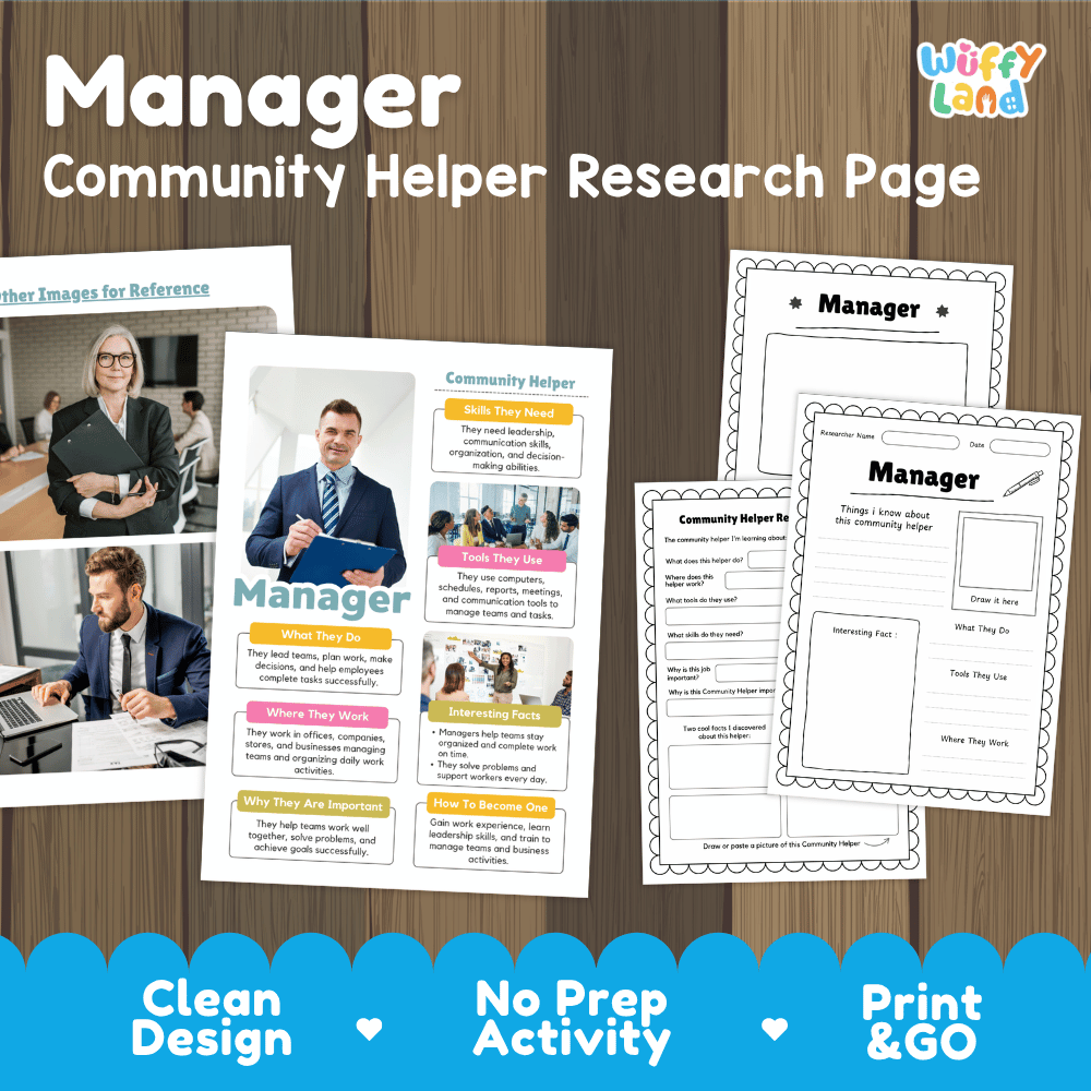 Manager community helper research page writing worksheets pack featuring real photos and student activity pages for elementary social studies and leadership skills
