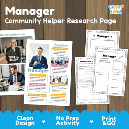 Manager community helper research page writing worksheets pack featuring real photos and student activity pages for elementary social studies and leadership skills
