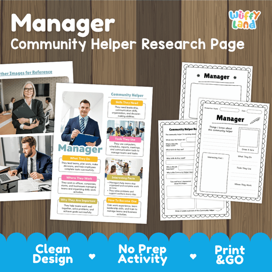 Manager community helper research page writing worksheets pack featuring real photos and student activity pages for elementary social studies and leadership skills