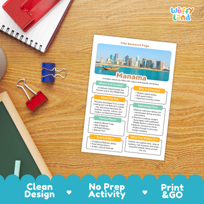 Manama City Research Worksheets and Fact Sheet