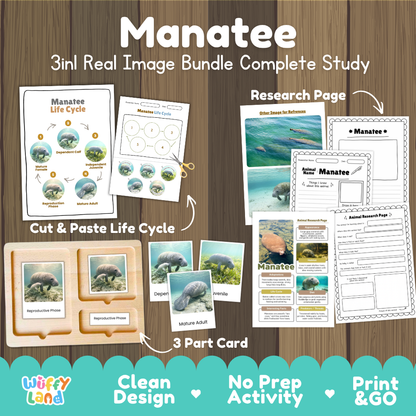 Manatee 3-in-1 real image bundle complete study cover showing cut and paste life cycle, 3 part cards, and research pages