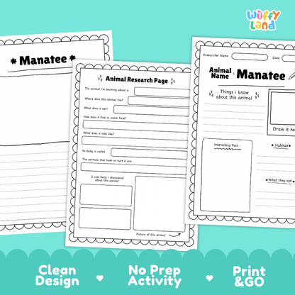 Manatee Animal Research Page Printable Worksheets for Early Elementary