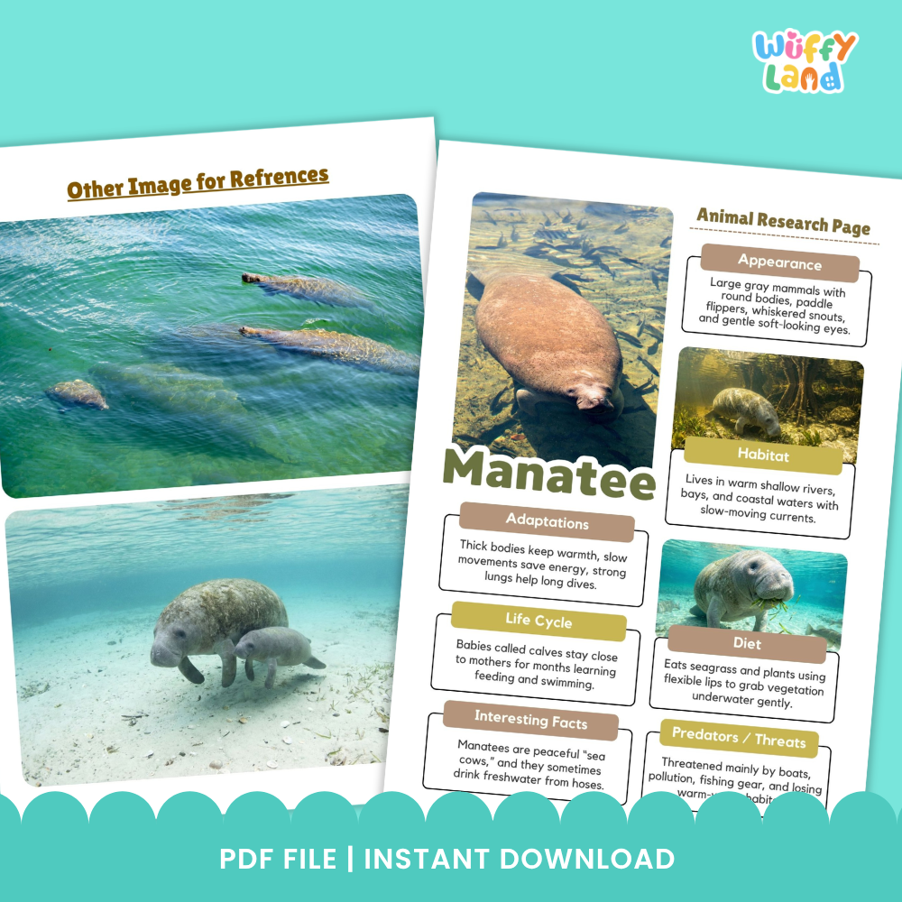 Manatee Animal Research Page Printable Worksheets for Early Elementary