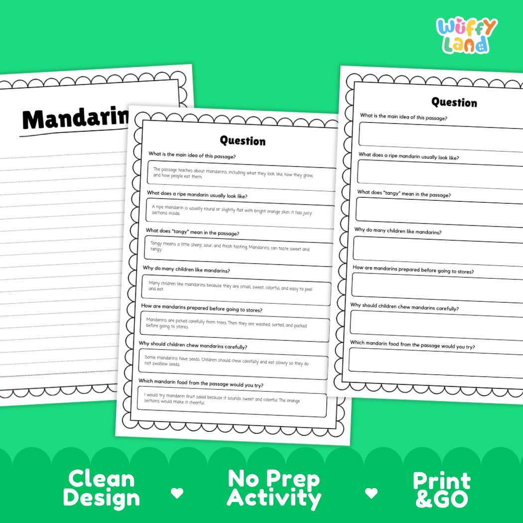 Informational reading passage page detailing mandarin citrus fruit tree growth easy peel skin harvesting and recipes with photos