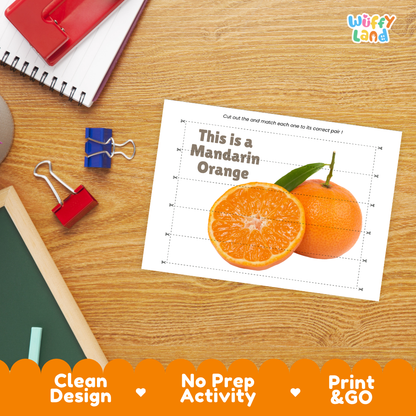Close-up of puzzle worksheet showing mandarin orange images and dotted scissor lines