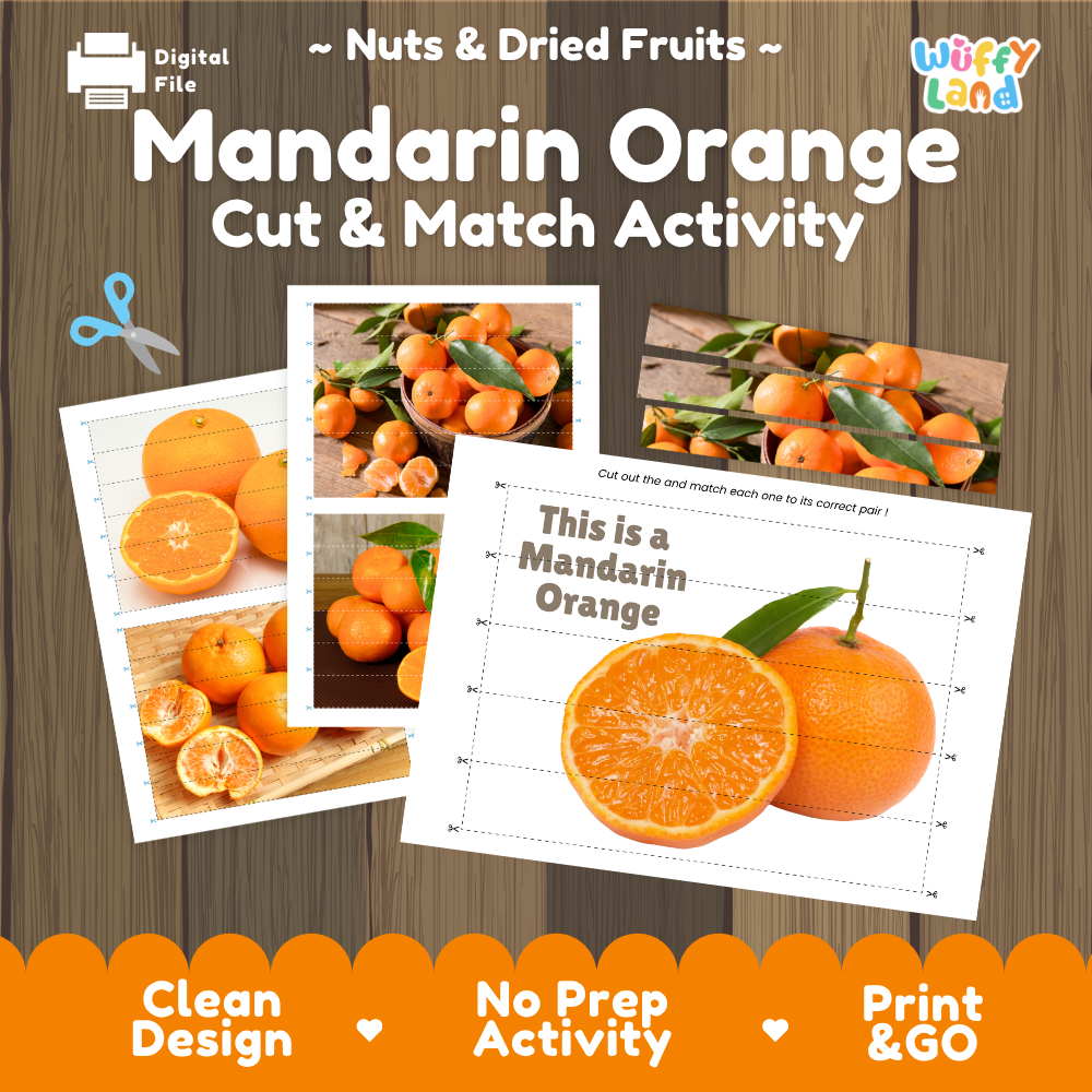 Mandarin orange cut and match activity cover showing printable fine motor puzzle sheets and citrus photographs