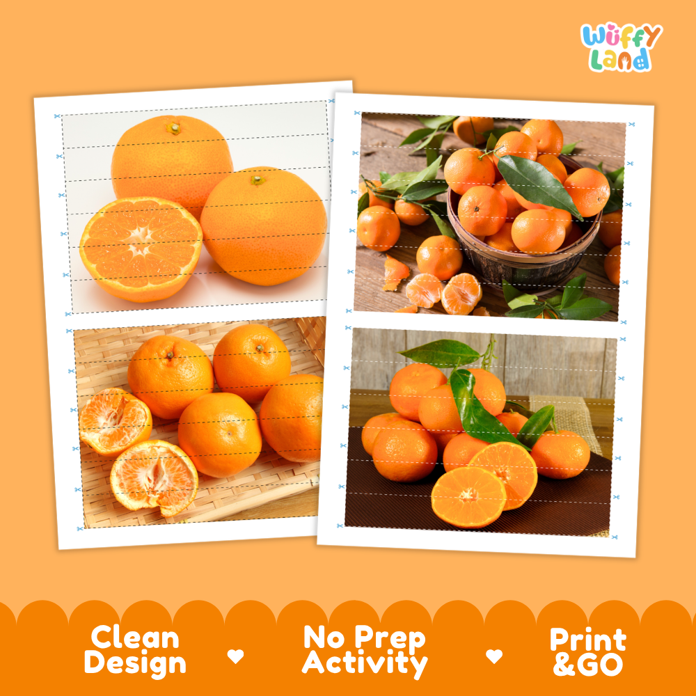 Printable activity sheets featuring photographic mandarin orange puzzle boards and cutting guides