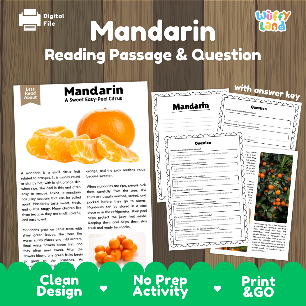 Mandarin reading comprehension passage and questions printable activity pack with answer key for elementary students