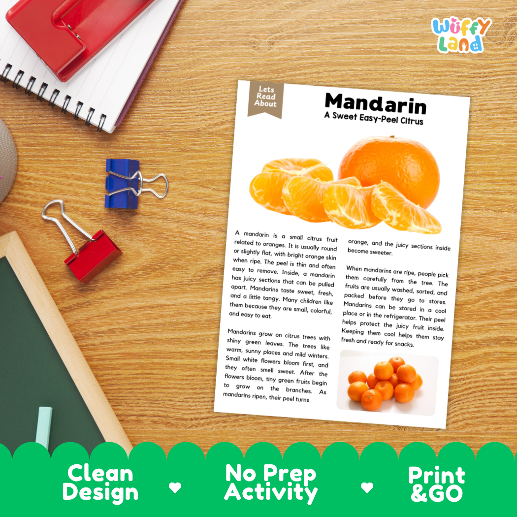 Student reading comprehension worksheet with short-answer questions and lined sections about mandarin citrus fruit