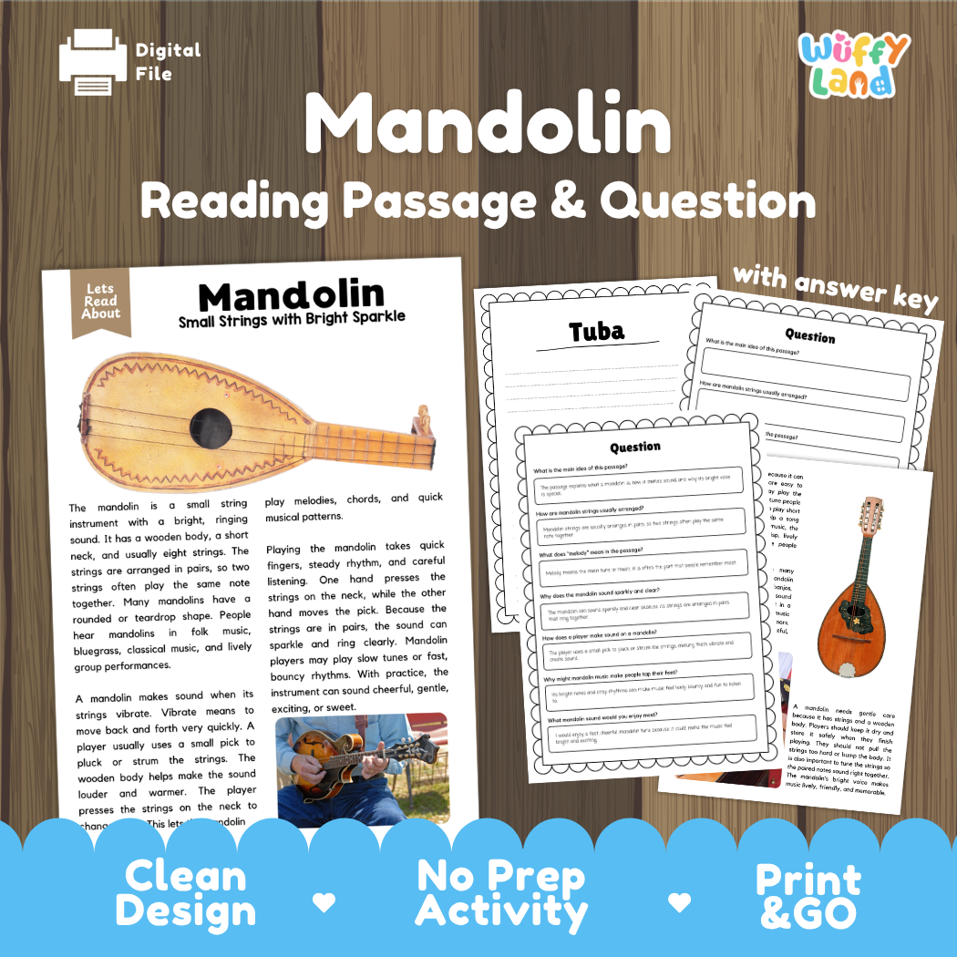 Mandolin reading comprehension passage and questions printable activity pack with answer key for elementary students