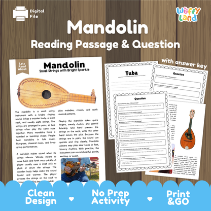 Mandolin reading comprehension passage and questions printable activity pack with answer key for elementary students