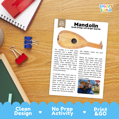 Student reading comprehension worksheet with short-answer questions and lined sections about the mandolin instrument