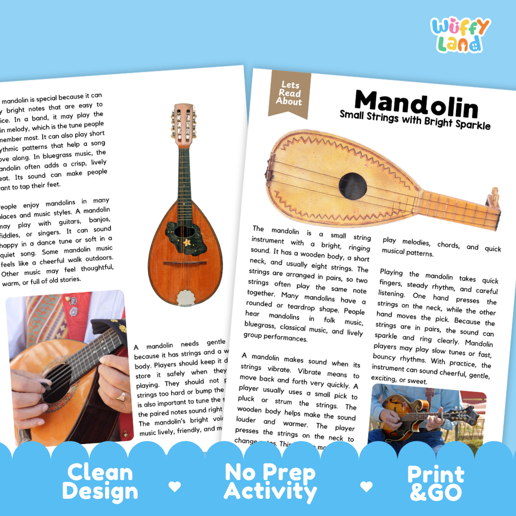 Teacher answer key page showing complete question solutions for Mandolin music education reading comprehension practice