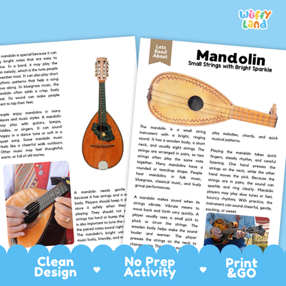 Teacher answer key page showing complete question solutions for Mandolin music education reading comprehension practice
