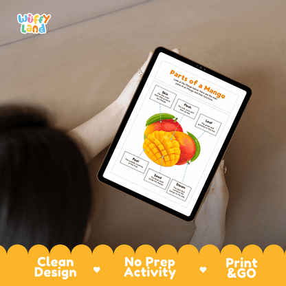 Educational cut and paste mango fruit anatomy worksheet with printable word cutout tiles for skin, peel, stem, leaf, flesh, and seed