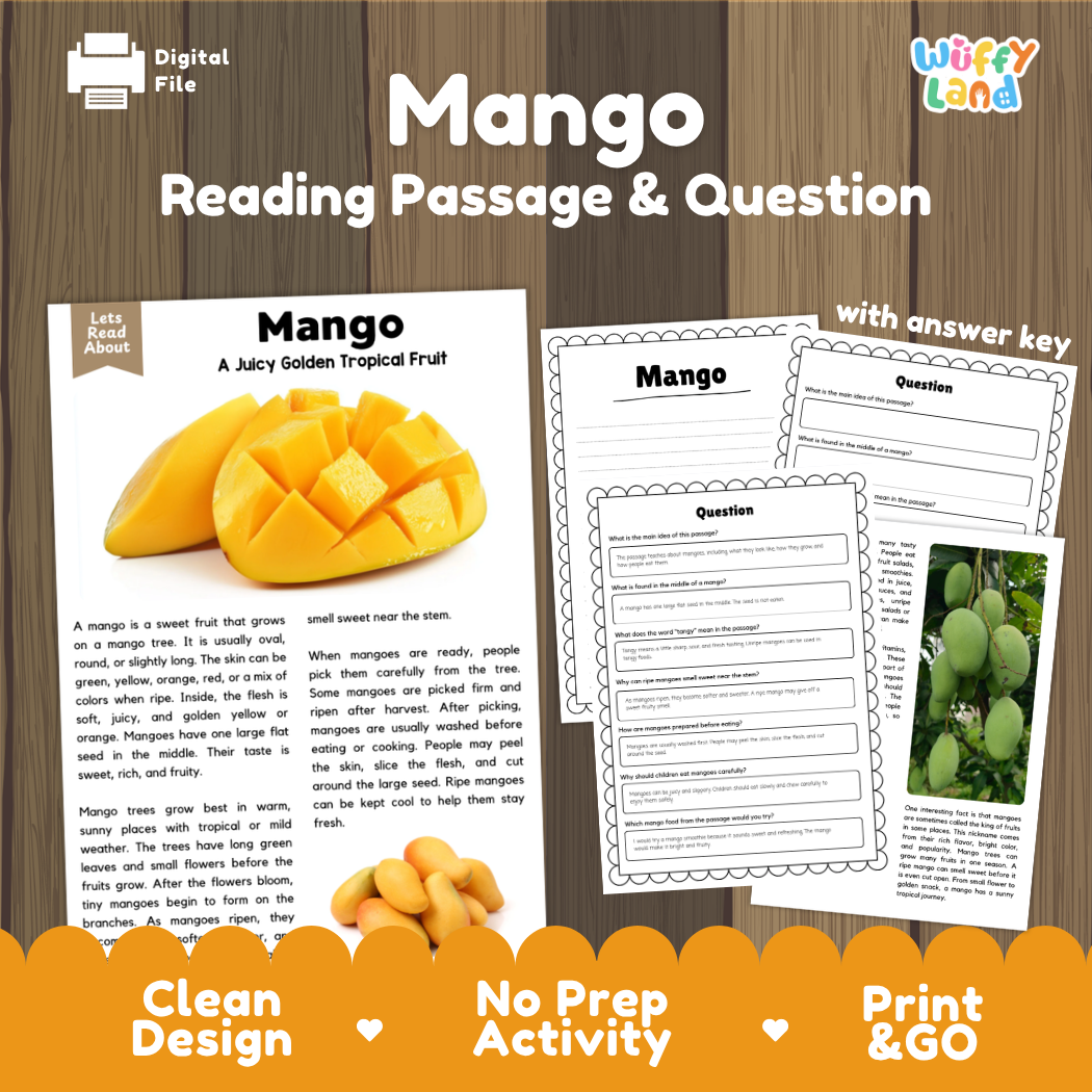 Mango reading comprehension passage and questions printable activity pack with answer key for elementary students