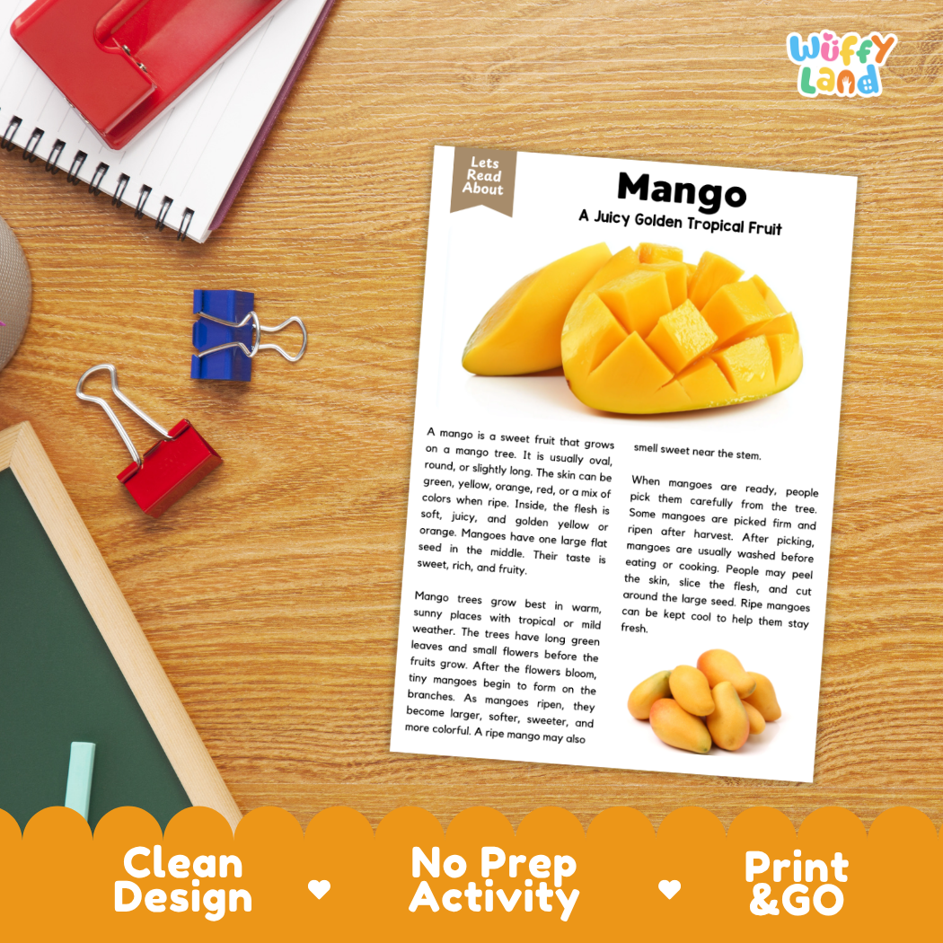 Student reading comprehension worksheet with short-answer questions and lined sections about the mango fruit