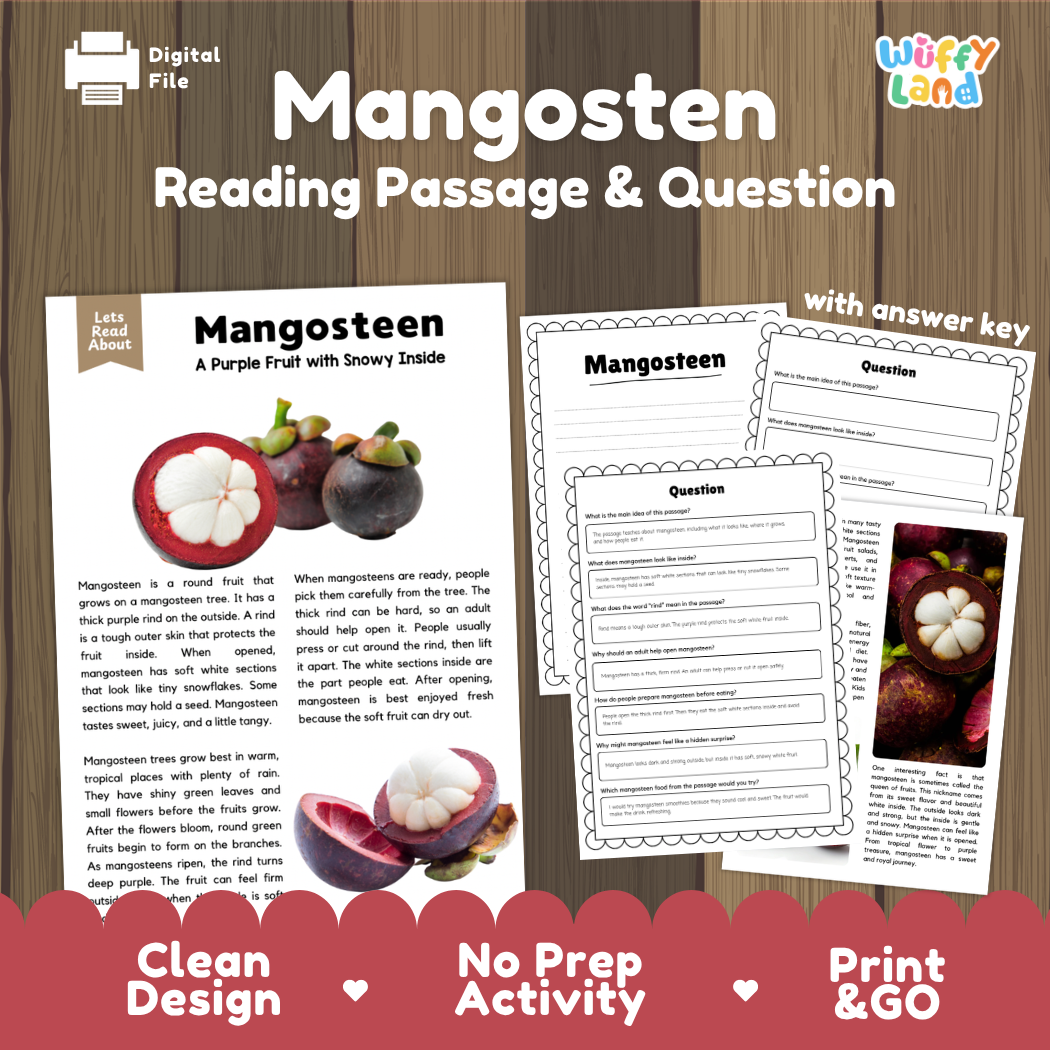 Mangosteen reading comprehension passage and questions printable activity pack with answer key for elementary students