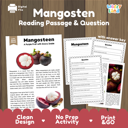 Mangosteen reading comprehension passage and questions printable activity pack with answer key for elementary students