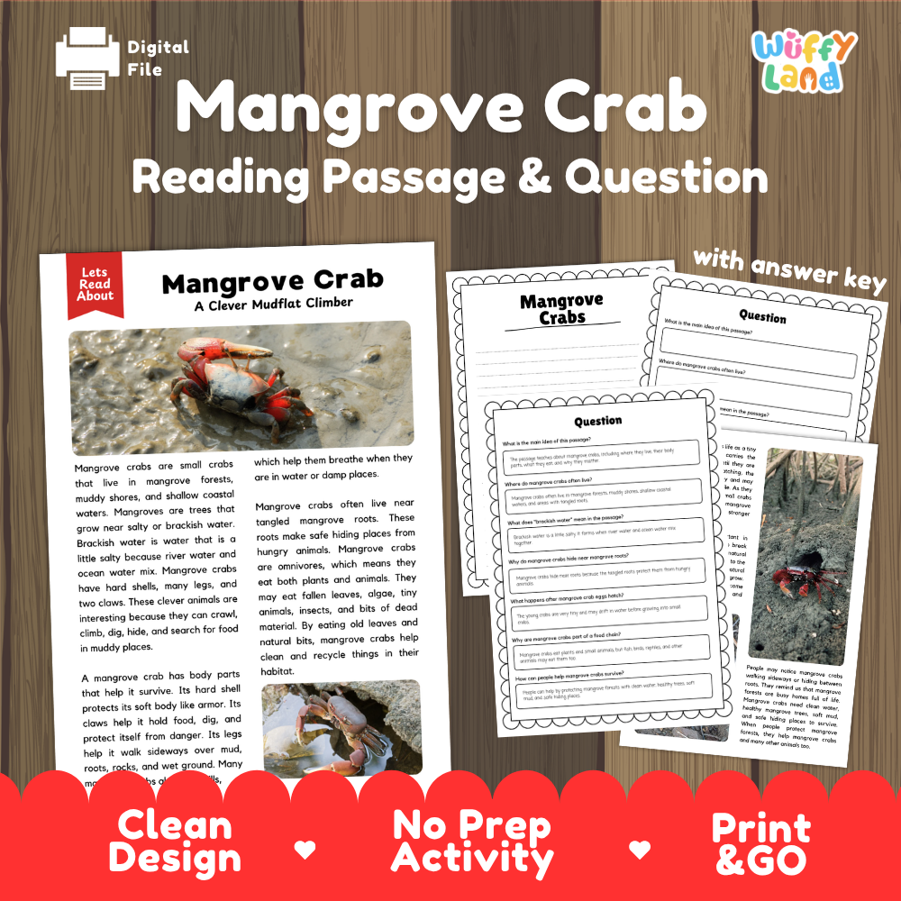 Mangrove Crab Reading Passage and Questions Worksheets with Answer Key