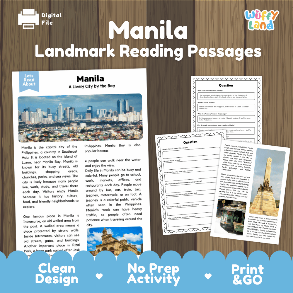 Manila landmark reading passage and comprehension worksheet educational unit featuring nonfiction text and authentic Philippine bay and skyline photography