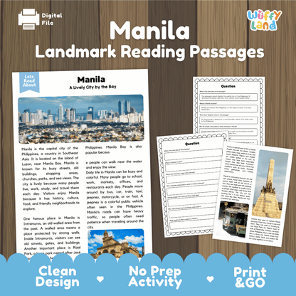 Manila landmark reading passage and comprehension worksheet educational unit featuring nonfiction text and authentic Philippine bay and skyline photography