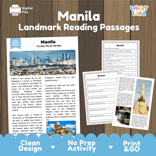 Manila landmark reading passage and comprehension worksheet educational unit featuring nonfiction text and authentic Philippine bay and skyline photography