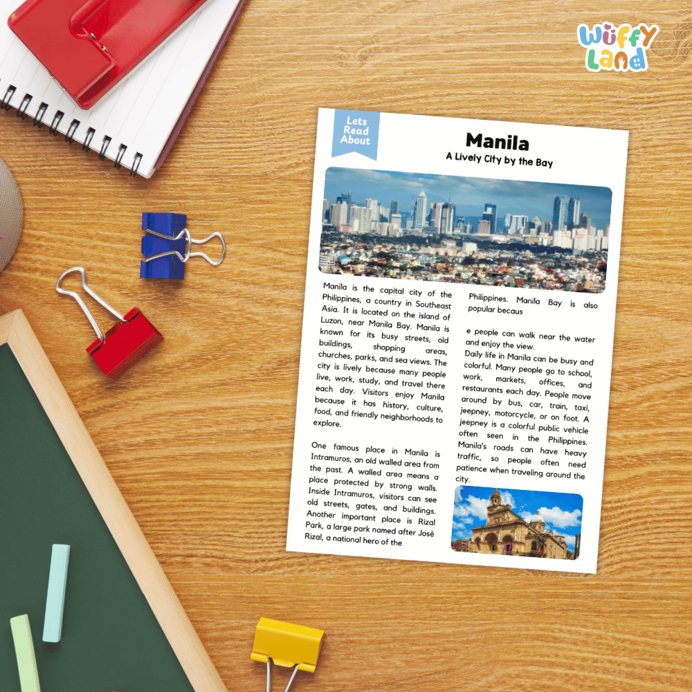 Lined reading comprehension question worksheet covering main ideas vocabulary terms and landmark facts about Manila Philippines