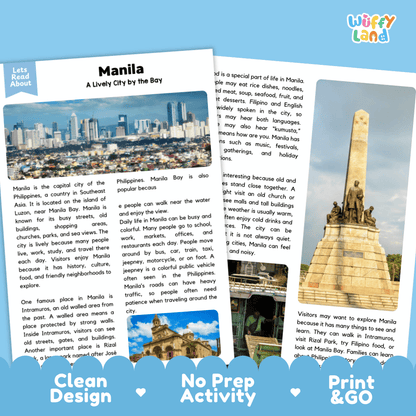 Reference sheet and answer key for Manila landmark reading passage displaying completed comprehension answers and Southeast Asian geography facts