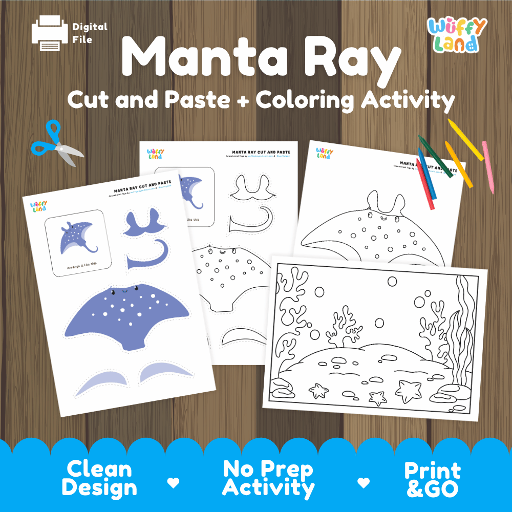 Manta Ray Cut and Paste Craft and Coloring Activity Worksheets