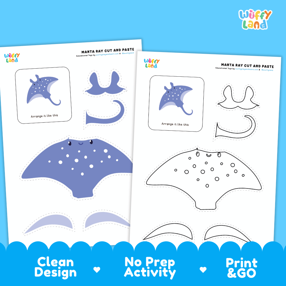 Manta Ray Cut and Paste Craft and Coloring Activity Worksheets
