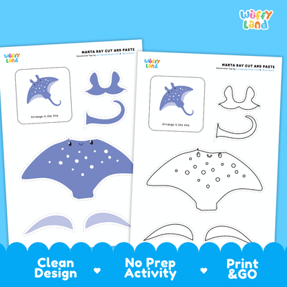 Manta Ray Cut and Paste Craft and Coloring Activity Worksheets