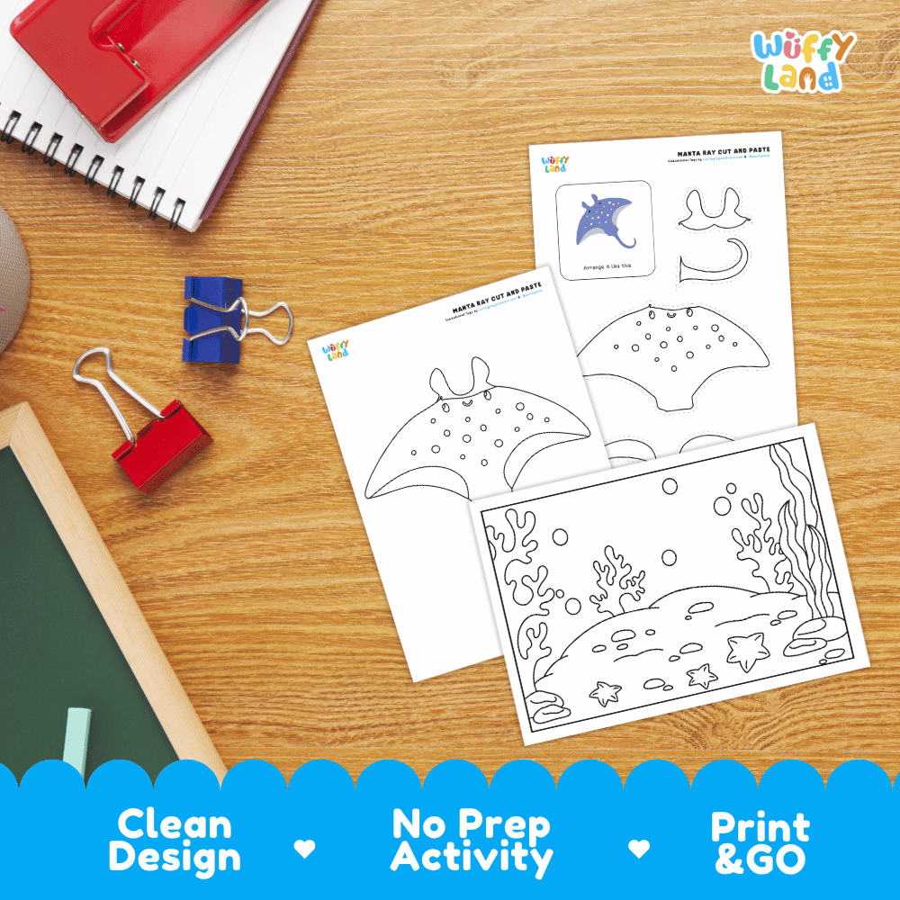 Manta Ray Cut and Paste Craft and Coloring Activity Worksheets