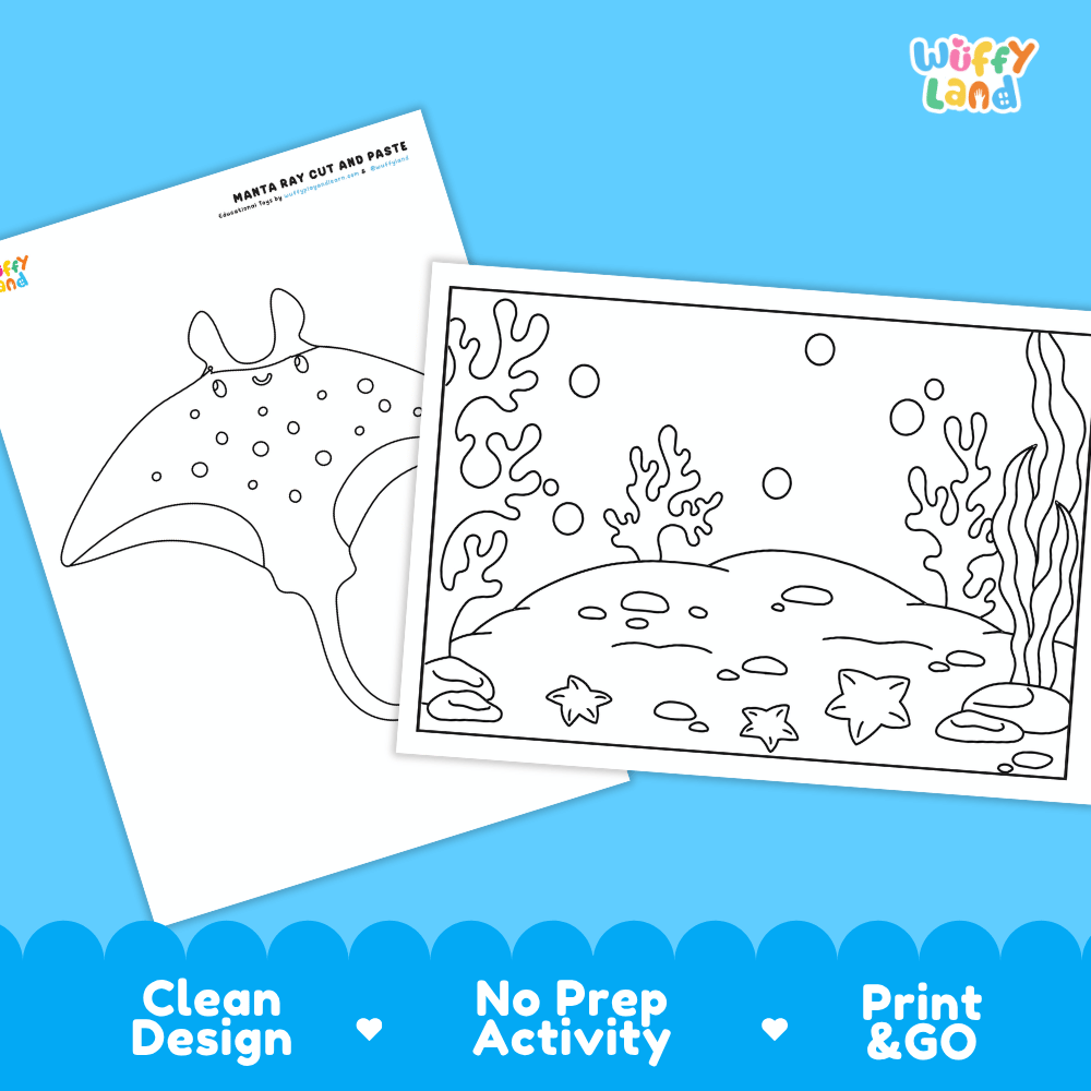 Manta Ray Cut and Paste Craft and Coloring Activity Worksheets