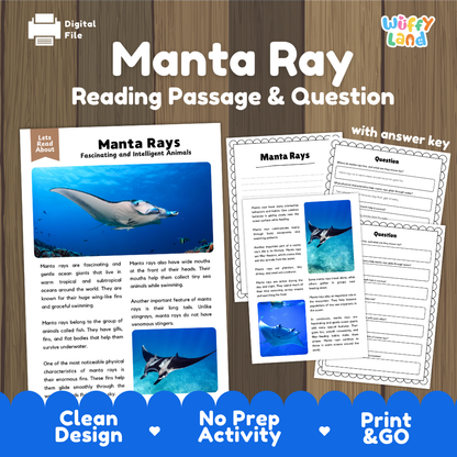 Digital reading activity bundle for 'Manta Ray' featuring a reading passage, comprehension questions, and an answer key, displayed on a wood background with promotional text at the bottom.