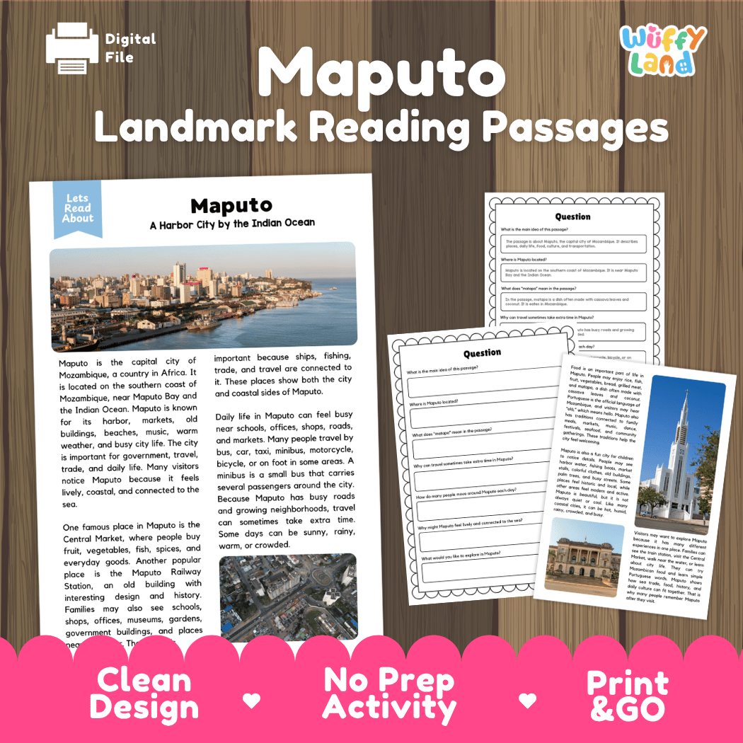 Maputo Landmark Reading Passages and Comprehension Worksheets
