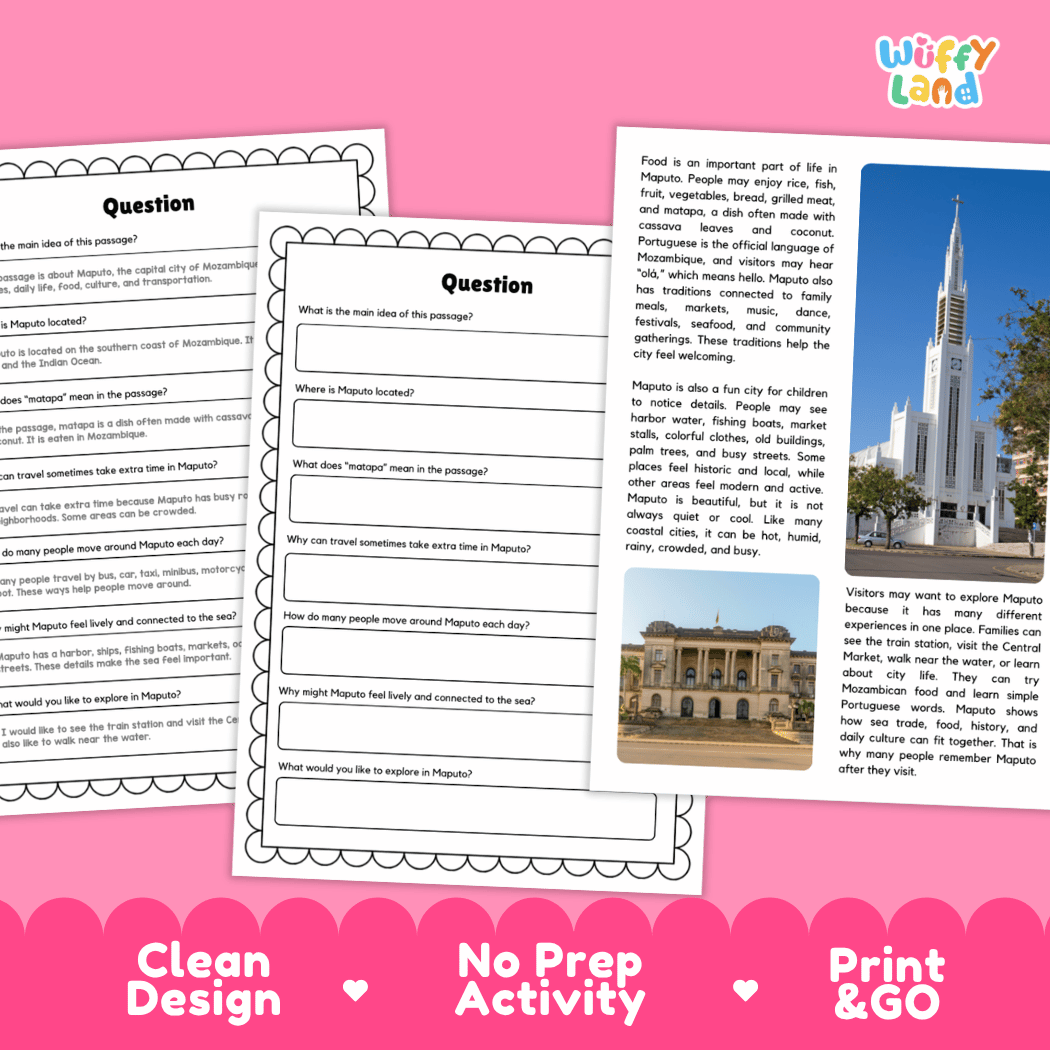 Maputo Landmark Reading Passages and Comprehension Worksheets