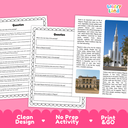 Maputo Landmark Reading Passages and Comprehension Worksheets