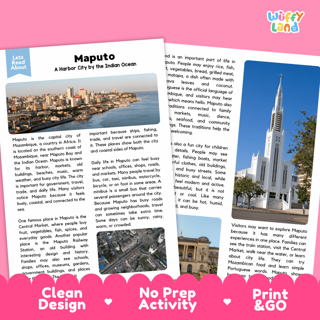 Maputo Landmark Reading Passages and Comprehension Worksheets
