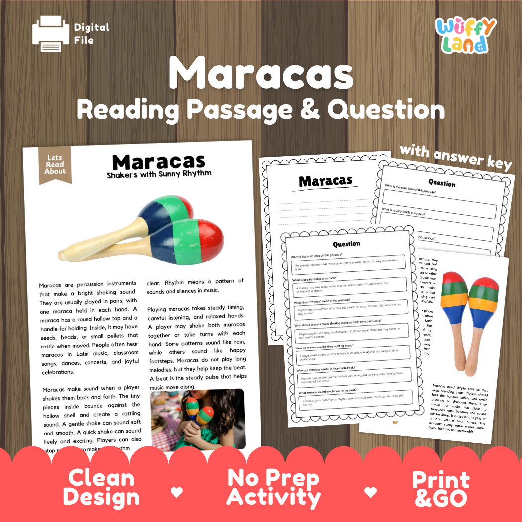 Maracas reading comprehension passage and questions printable activity pack with answer key for elementary students
