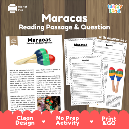 Maracas reading comprehension passage and questions printable activity pack with answer key for elementary students