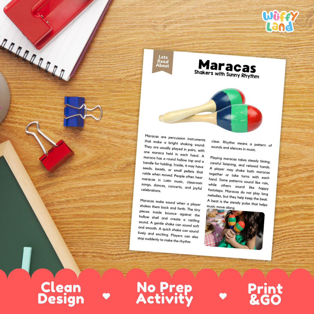 Student reading comprehension worksheet with short-answer questions and lined sections about the maracas instrument