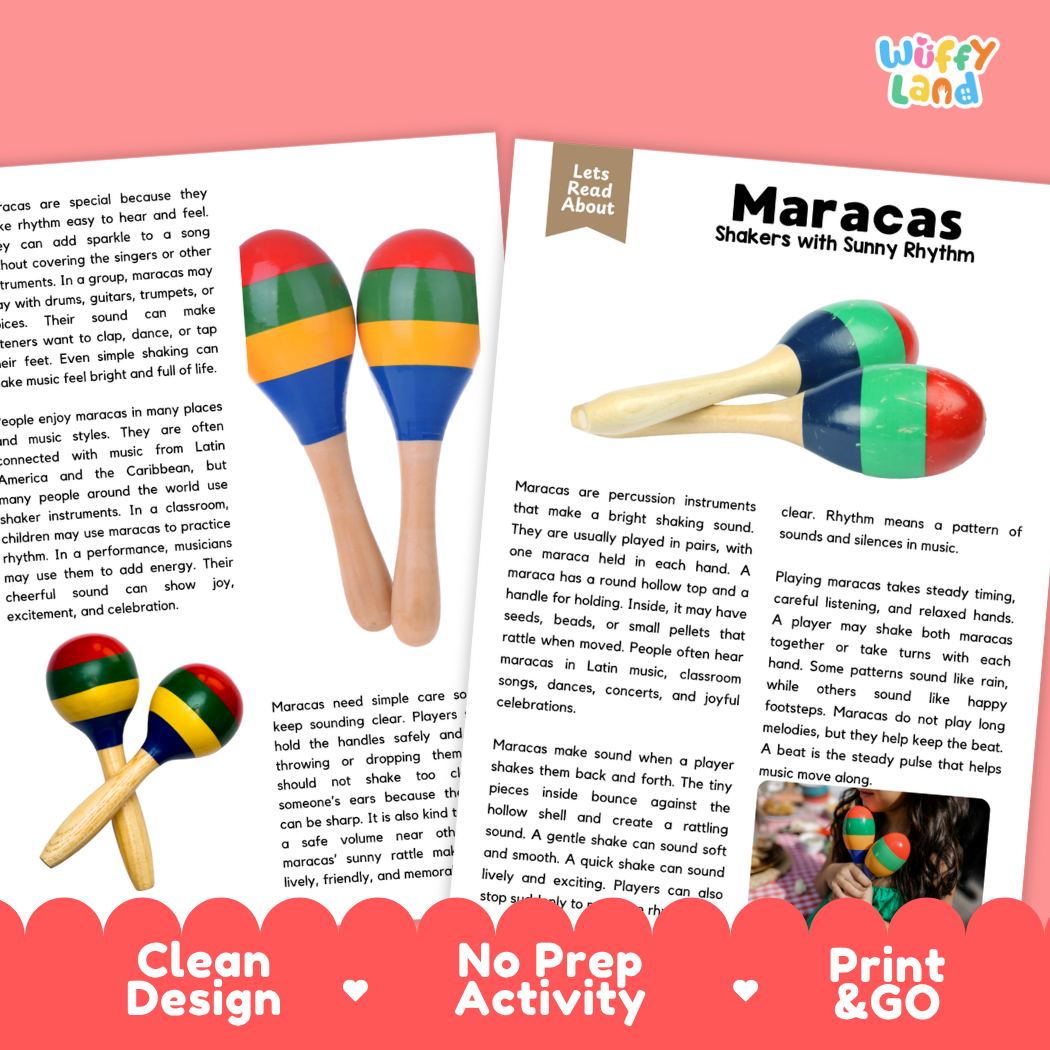 Teacher answer key page showing complete question solutions for Maracas music education reading comprehension practice
