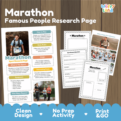 Marathon Sport Research Project Worksheets and Fact Sheet