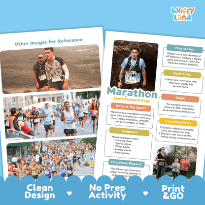 Marathon Sport Research Project Worksheets and Fact Sheet