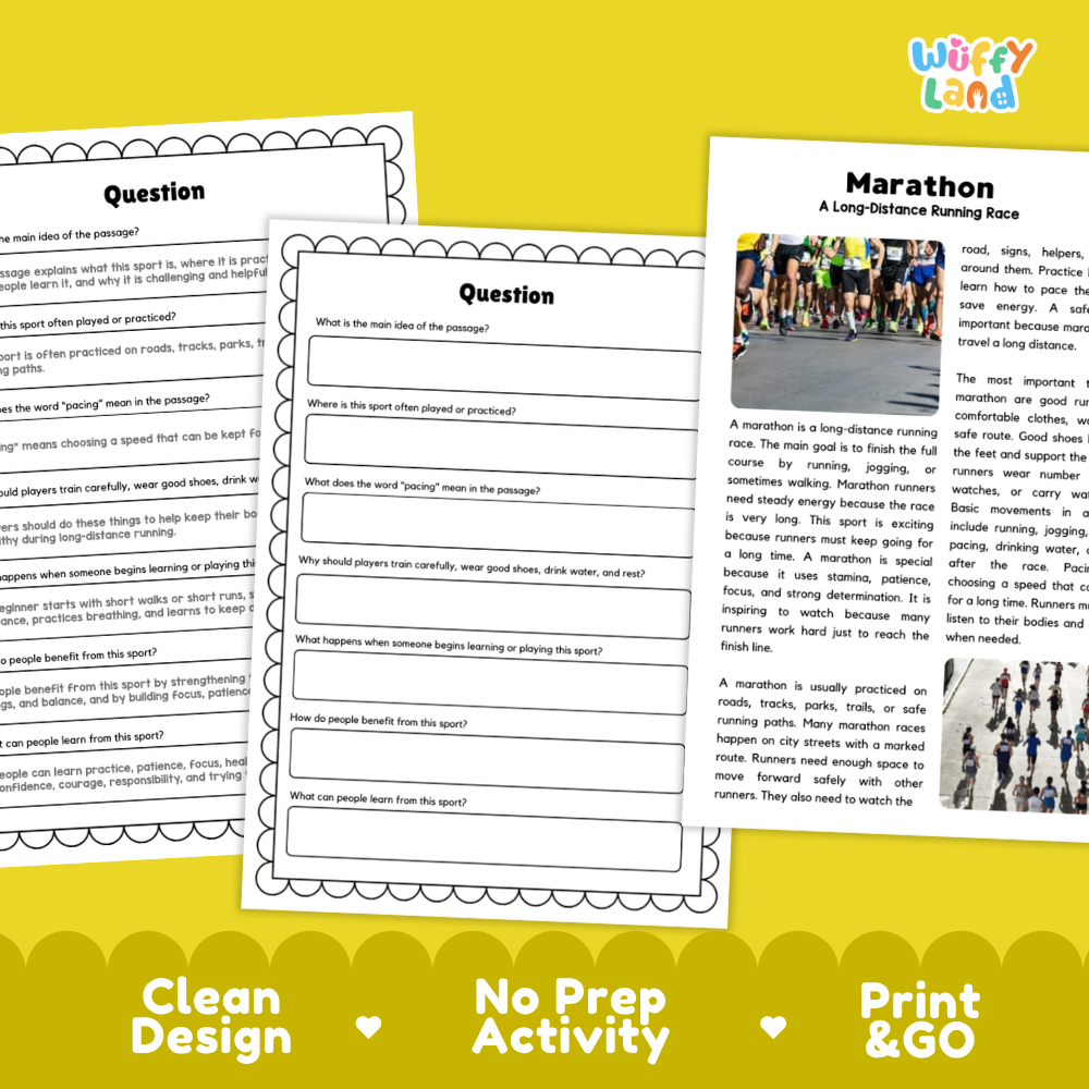 Marathon Sports Reading Passages Worksheets and Comprehension Activity
