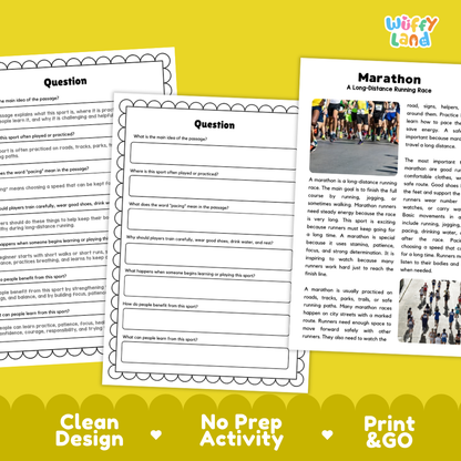 Marathon Sports Reading Passages Worksheets and Comprehension Activity