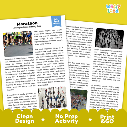 Marathon Sports Reading Passages Worksheets and Comprehension Activity
