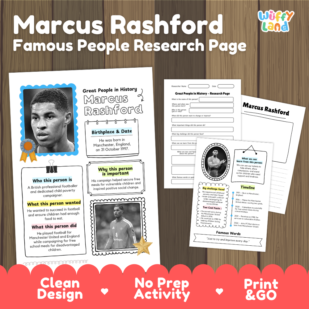 Marcus Rashford famous people research page cover showing printable biographical worksheets, summary cards, and timelines