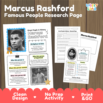 Marcus Rashford famous people research page cover showing printable biographical worksheets, summary cards, and timelines